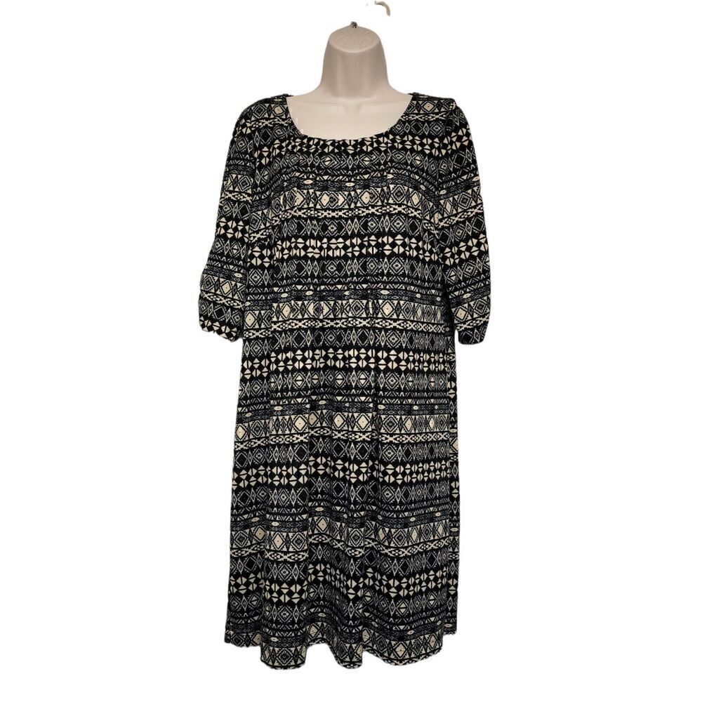 Perceptions New York black tan dress tucks Tribal pattern 3/4 sleeve Misses L